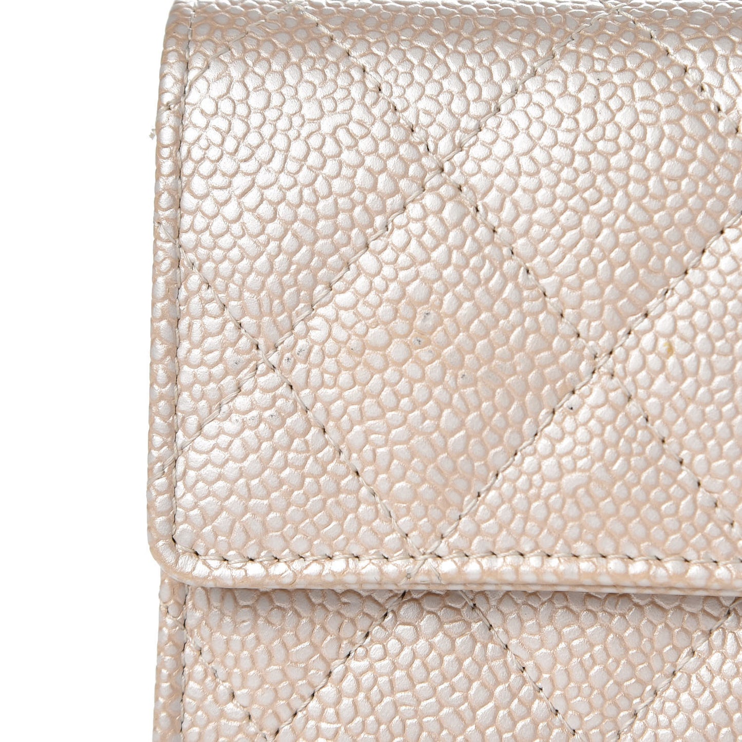 Metallic Caviar Quilted Large Gusset Flap Wallet Light Beige