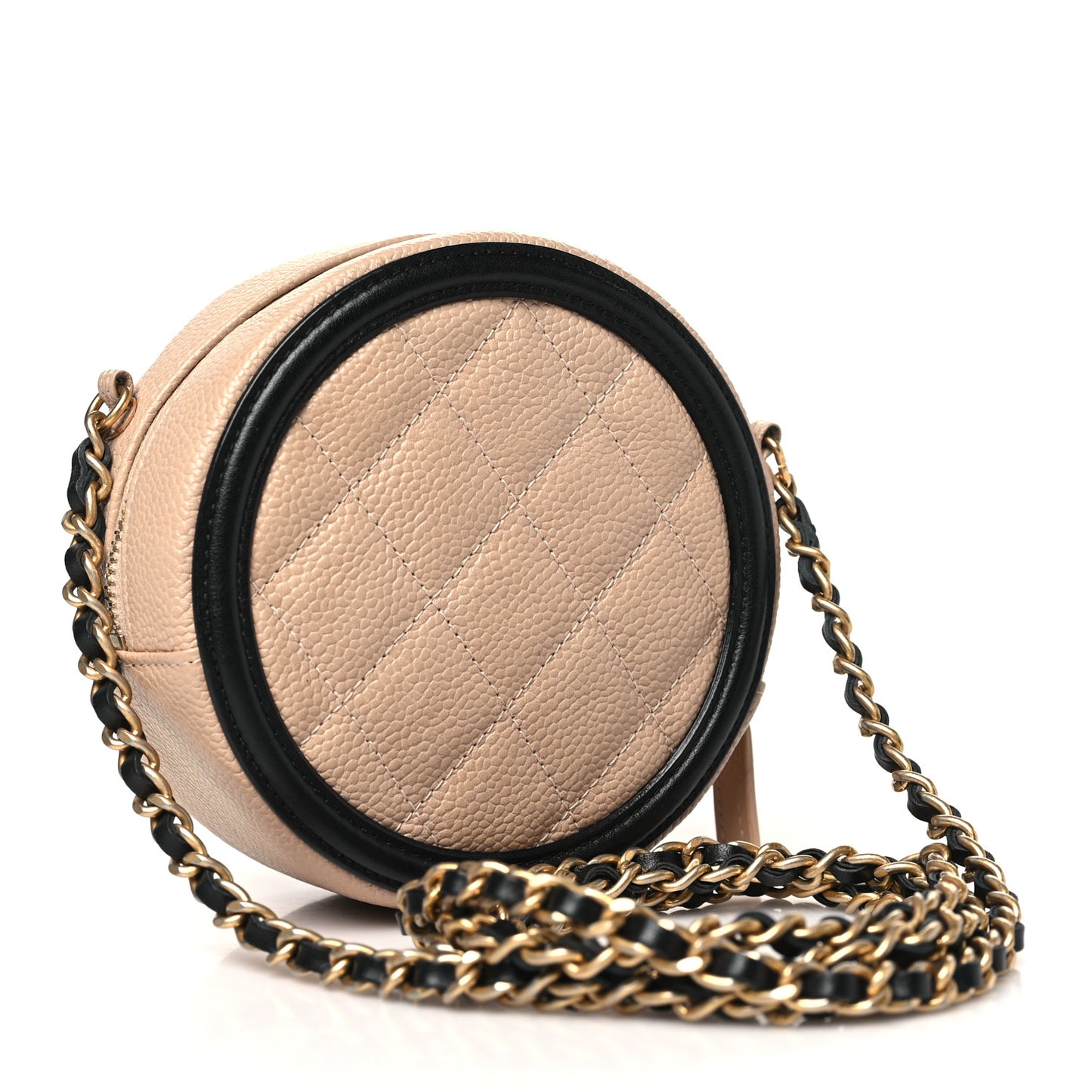 Caviar Quilted Round Filigree Crossbody Beige Black