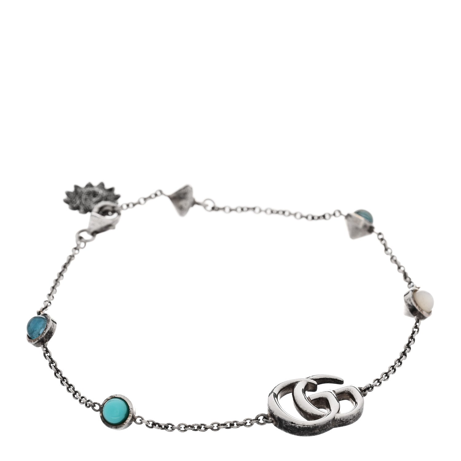 Gucci Sterling Silver Blue Topaz Mother of Pearl Resin Double G Flower Bracelet Turquoise 1 of 4