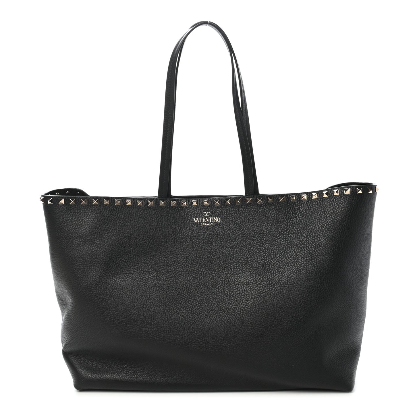 Grained Calfskin Rockstud Shoulder Tote Black
