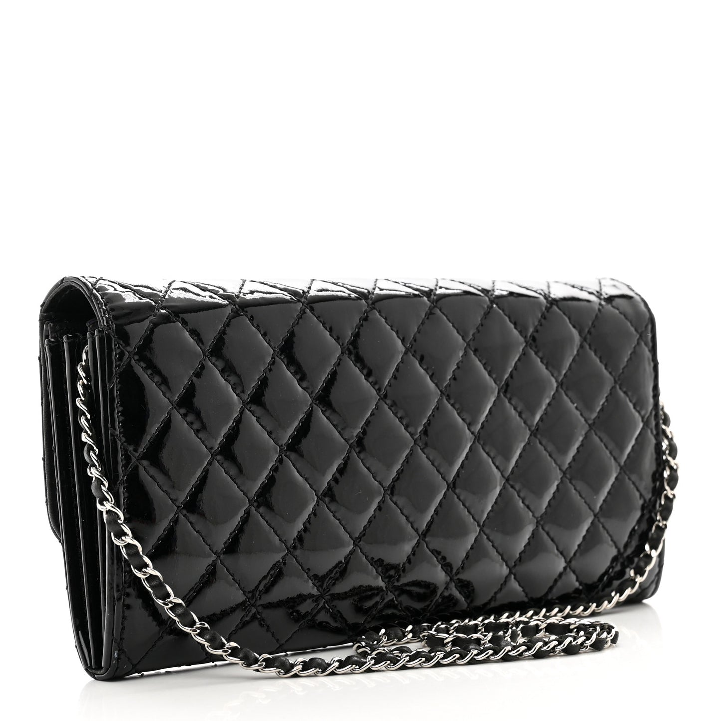 Patent Calfskin Quilted Flap Clutch With Chain Black