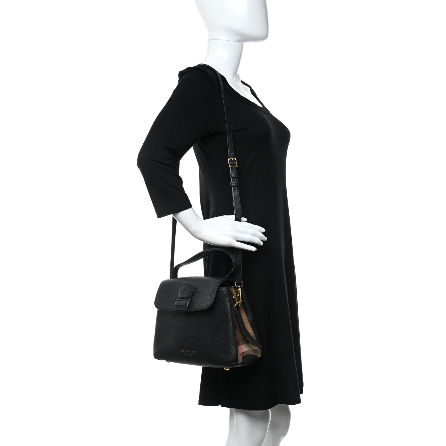 Burberry Grainy Calfskin House Check Medium Banner Tote Black 2 of 14