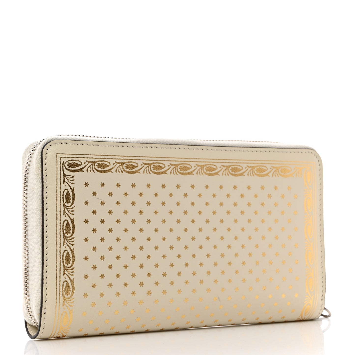 X SEGA Calfskin GUCCY Stars Zip Around Wallet Mystic White Gold
