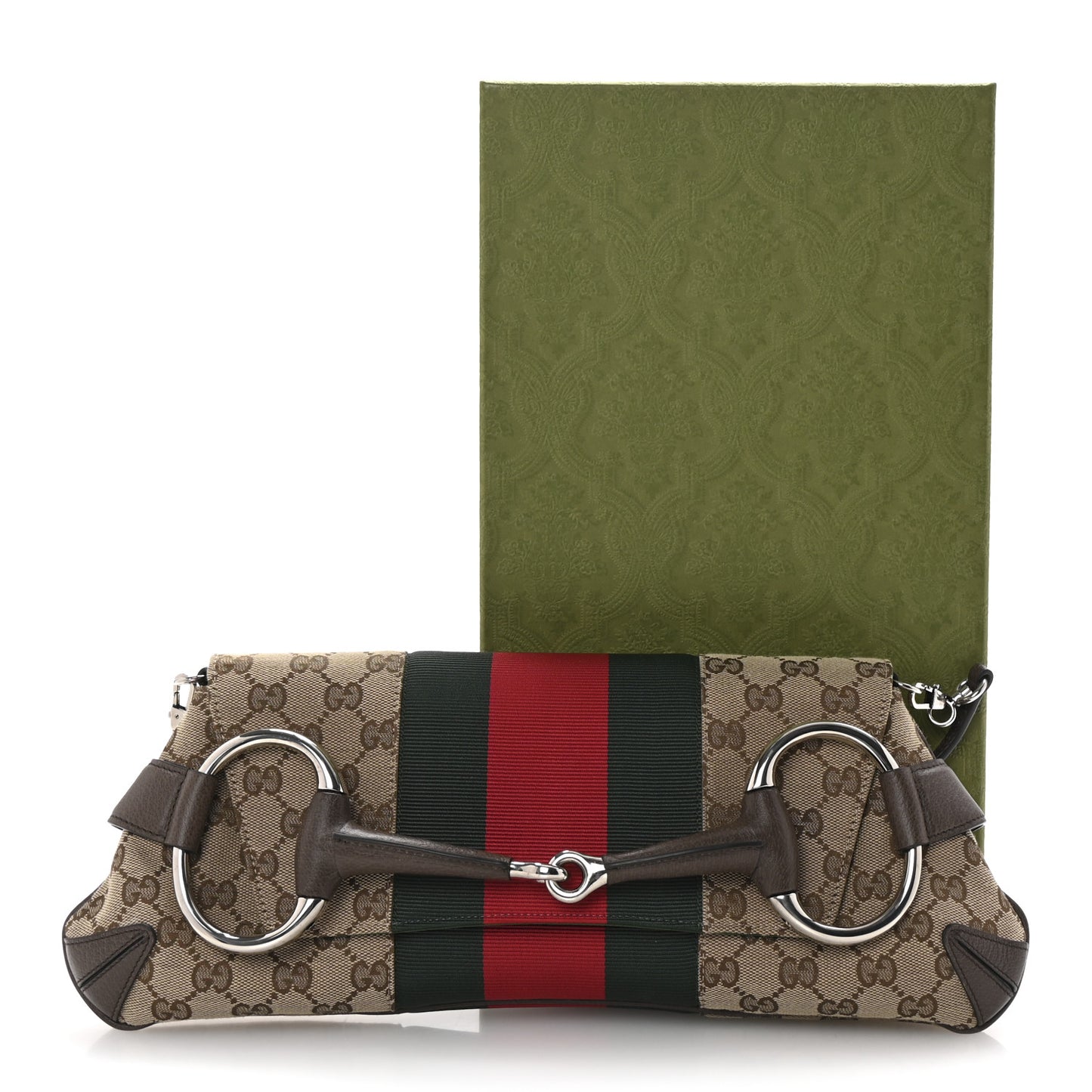 Monogram Textured Dollar Calfskin Heavy Grosgrain Web Medium Maxi Horsebit Chain Shoulder Bag Beige Ebony New Acero