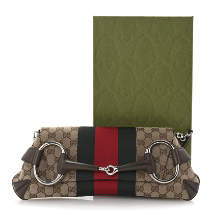 Gucci Monogram Textured Dollar Calfskin Heavy Grosgrain Web Medium Maxi Horsebit Chain Shoulder Bag Beige Ebony New Acero 10 of 10