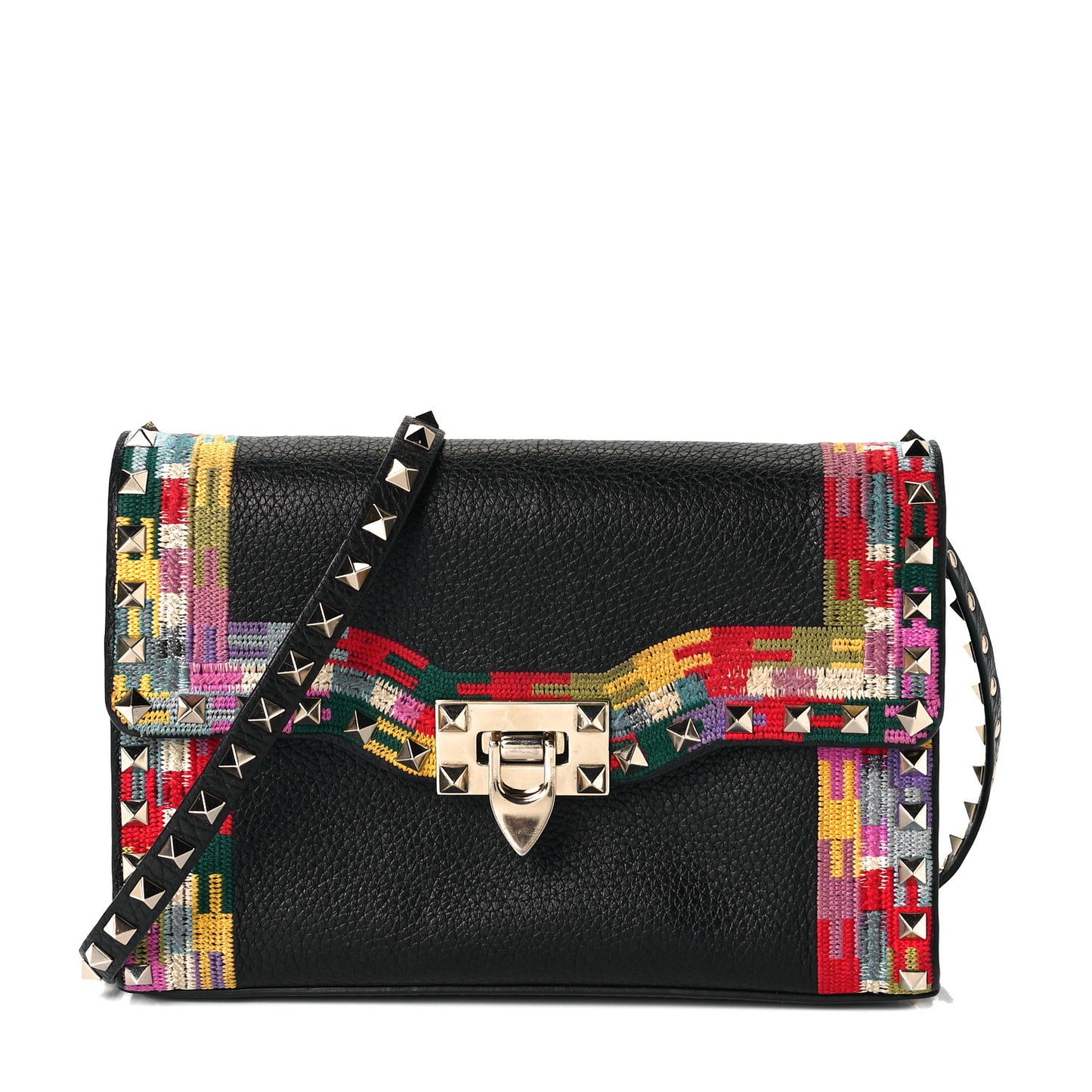 Pebbled Calfskin Embroidered Medium Rockstud Flip Lock Crossbody Bag Black