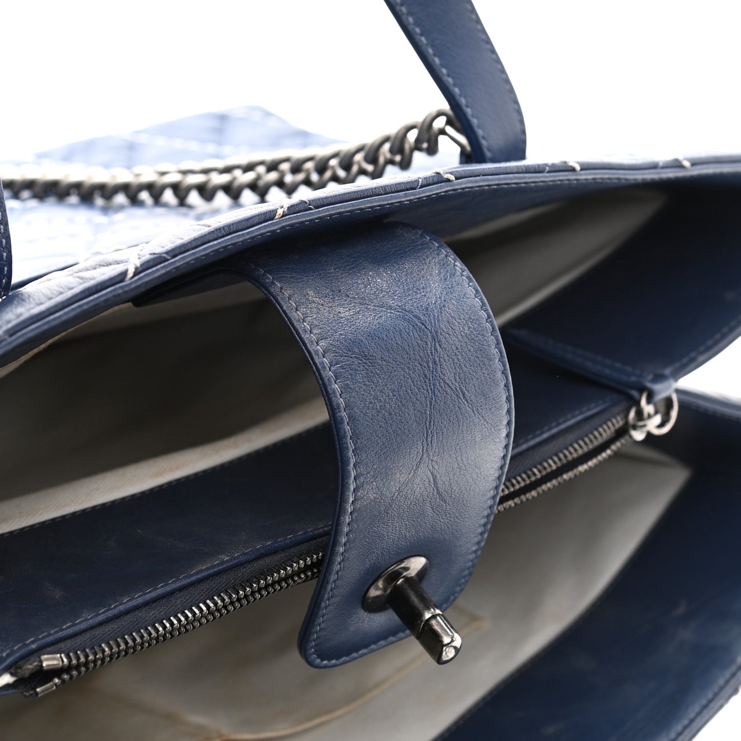 Calfskin Chevron Stitched Shopping Tote Navy