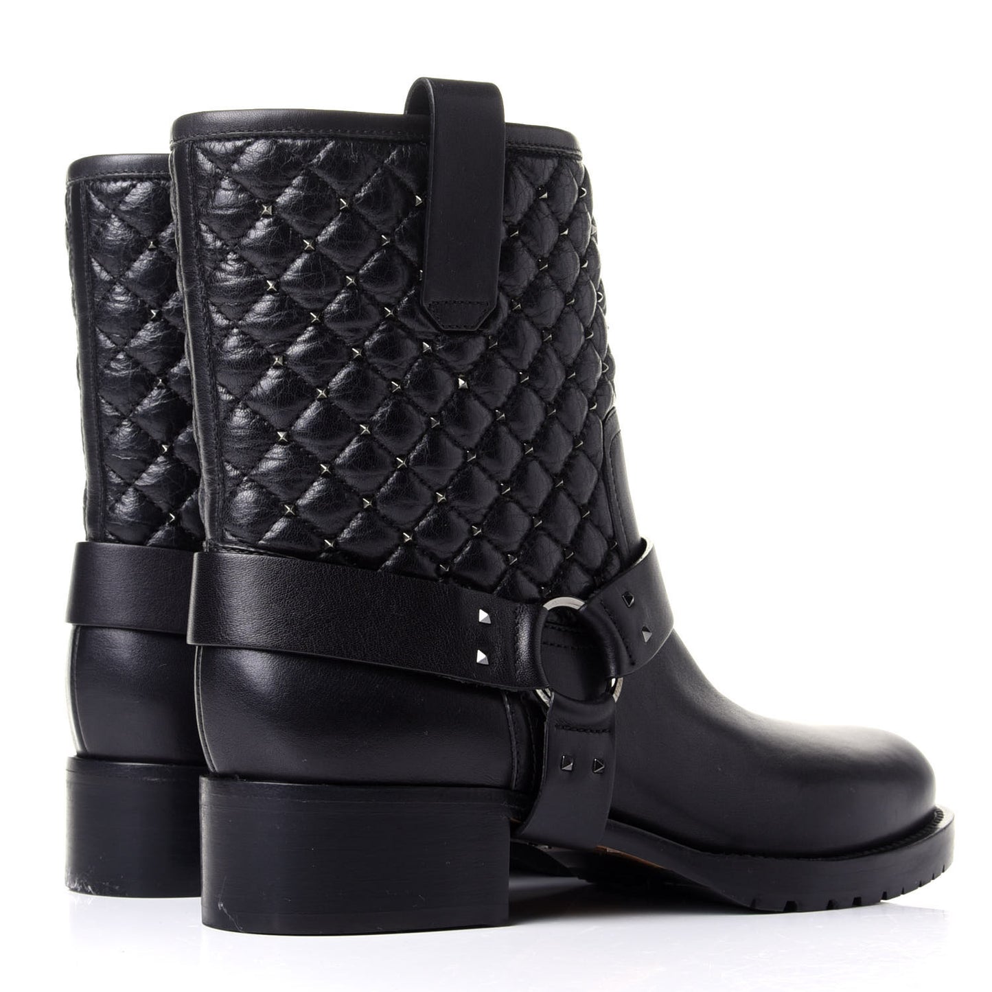 Calfskin Crackled Lambskin Rockstud Spike 20mm Biker Boots 38.5 Black