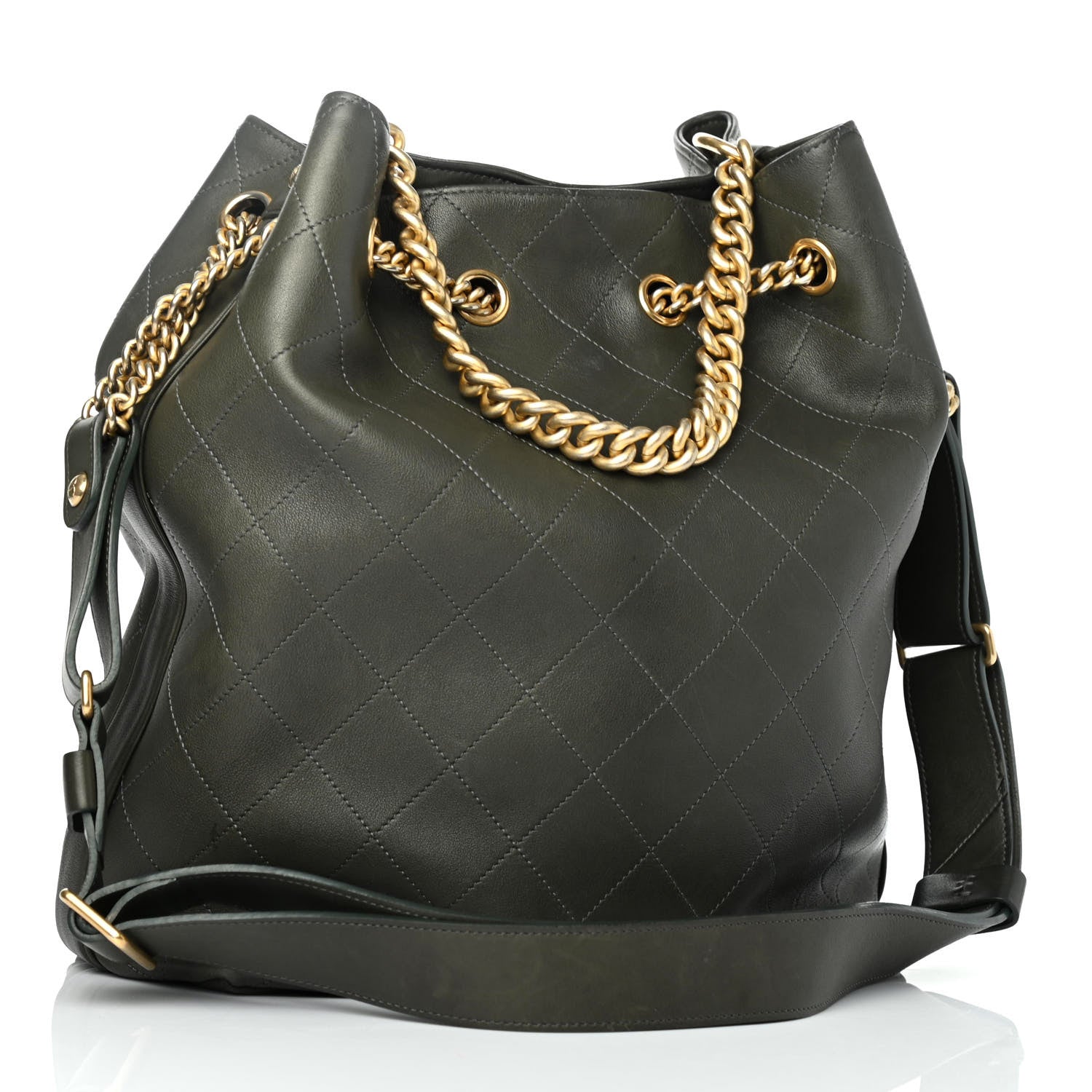 Chanel Calfskin Quilted Small On My Shoulder Drawstring Bag Dark Green 2 of 4