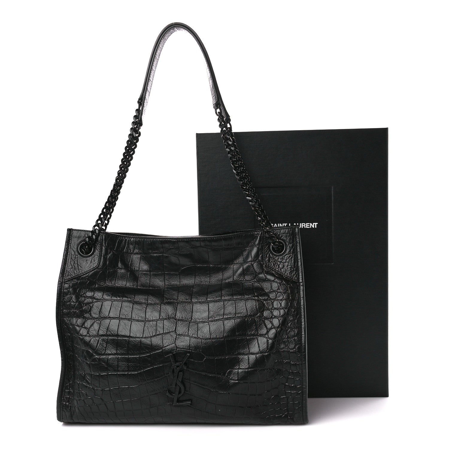 Saint Laurent Calfskin Crocodile Embossed Monogram Medium Niki Shopping Bag Black 12 of 12