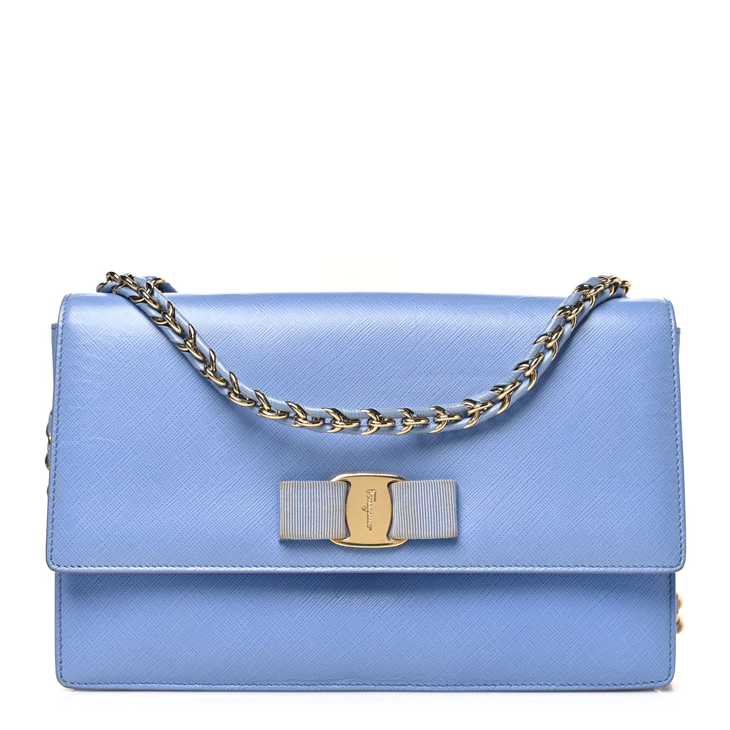 Salvatore Ferragamo Hammered Calfskin Vara Bow Chain Crossbody Blue 1 of 10