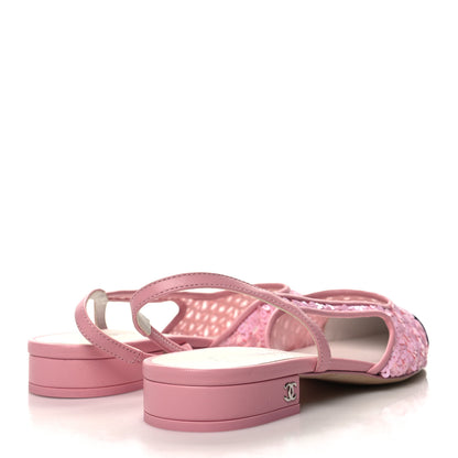 Chanel Sequins Satin Cap Toe CC Slingback Flat 38 Pink Black 4 of 8