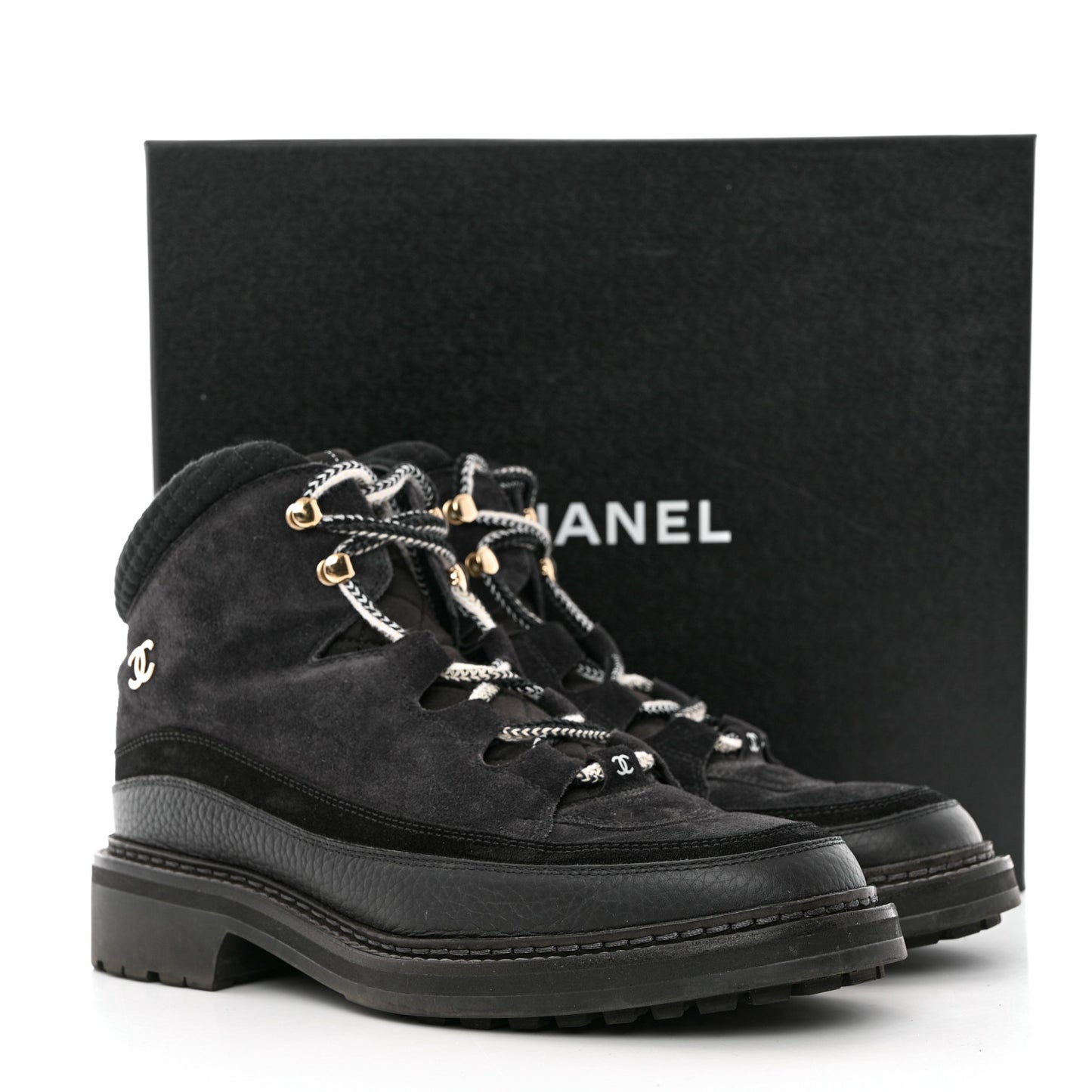 Suede Grained Calfskin CC Lace Up Boots 41 Black
