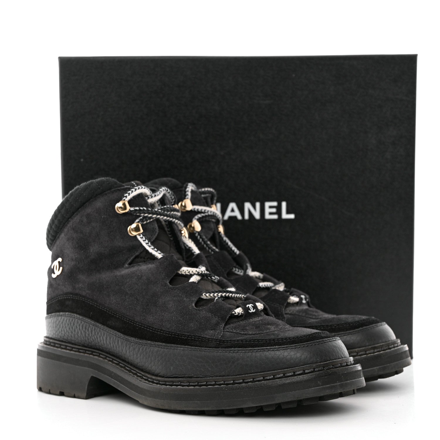 Chanel Suede Grained Calfskin CC Lace Up Boots 41 Black 12 of 12