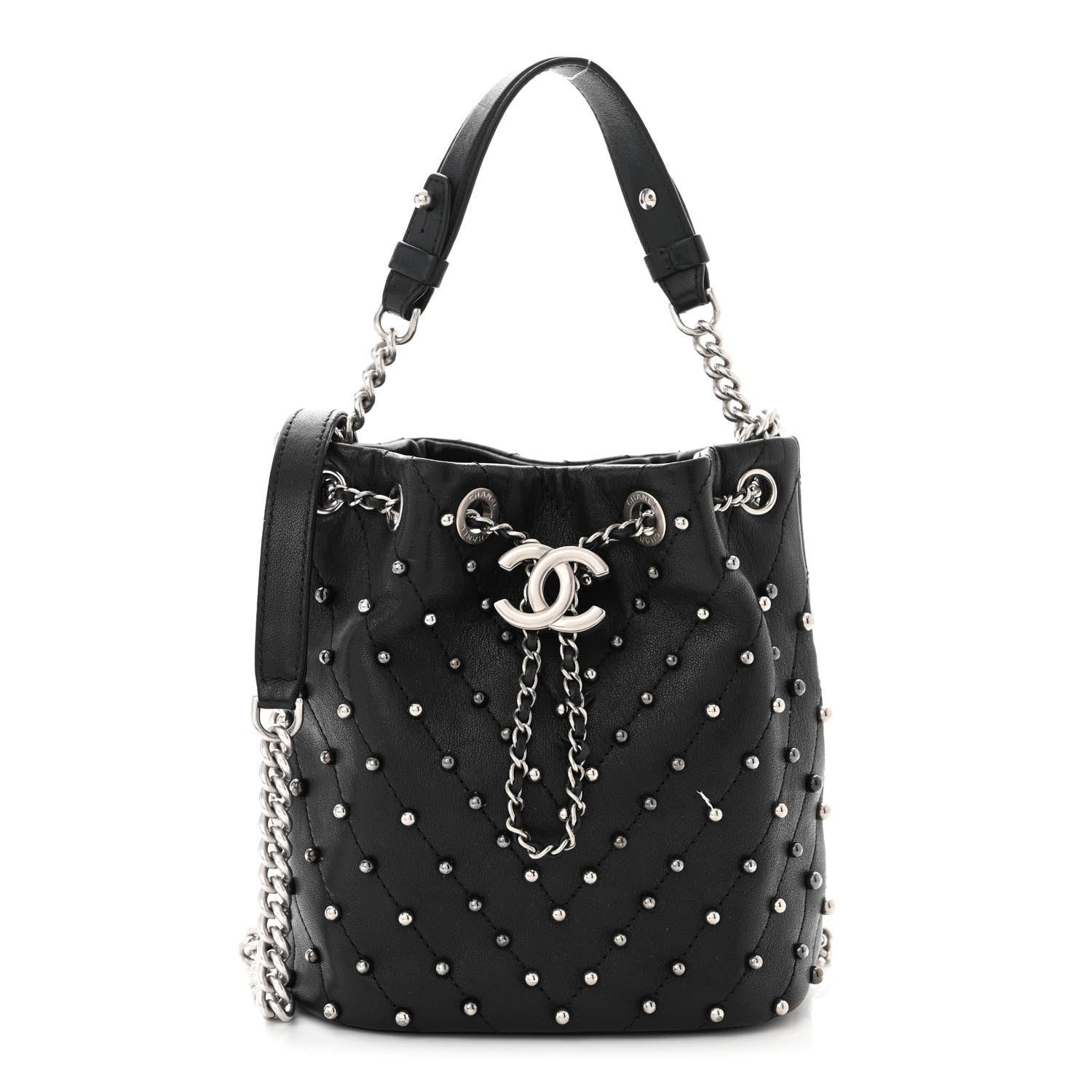 Chanel Lambskin Studded Chevron Quilted Small Stud Wars Drawstring Bag Black 1 of 11