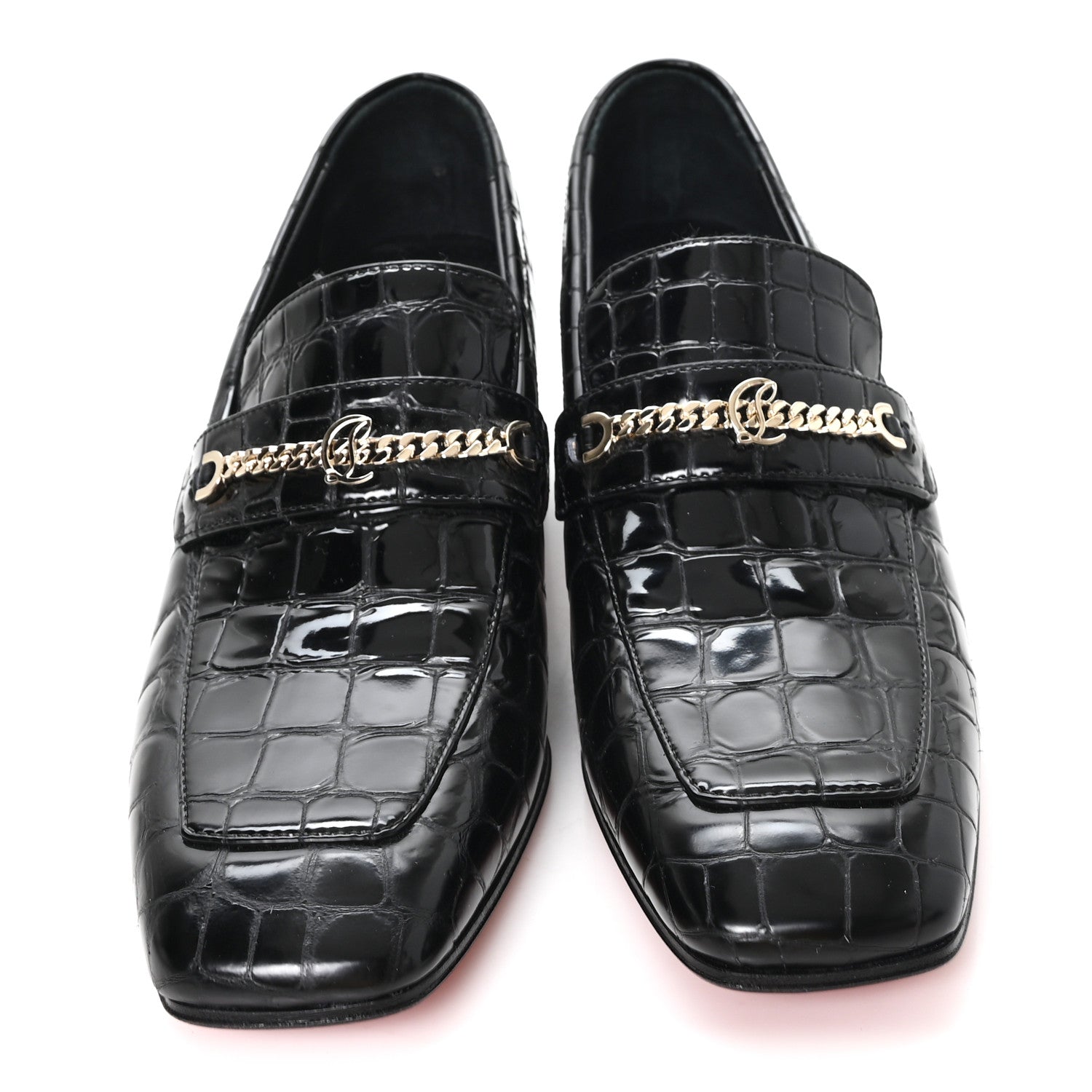 Christian Louboutin Soft Calfskin Alligator Embossed MJ Moc Heeled Loafers 37.5 Black 3 of 9