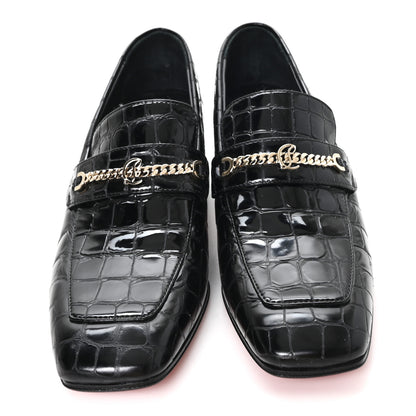Christian Louboutin Soft Calfskin Alligator Embossed MJ Moc Heeled Loafers 37.5 Black 3 of 9