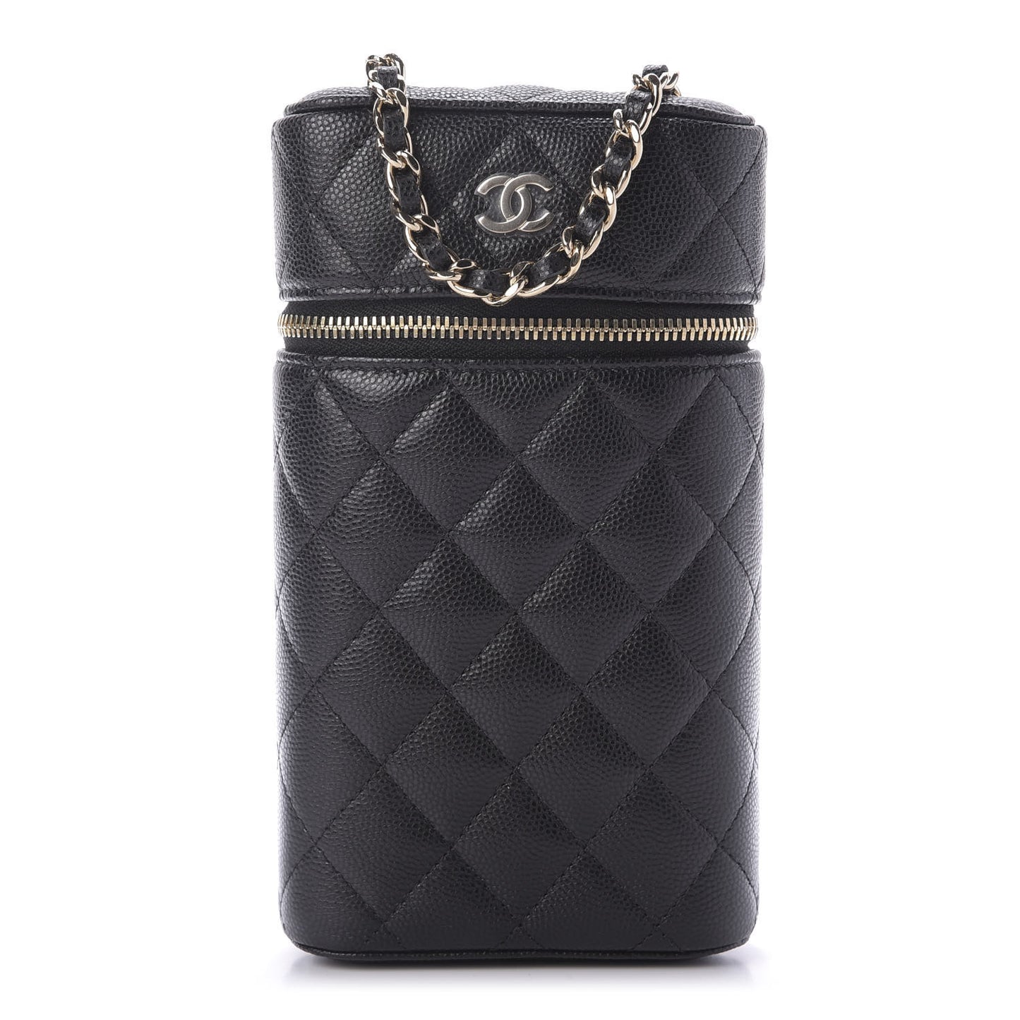Caviar Quilted Phone Holder With Chain Black