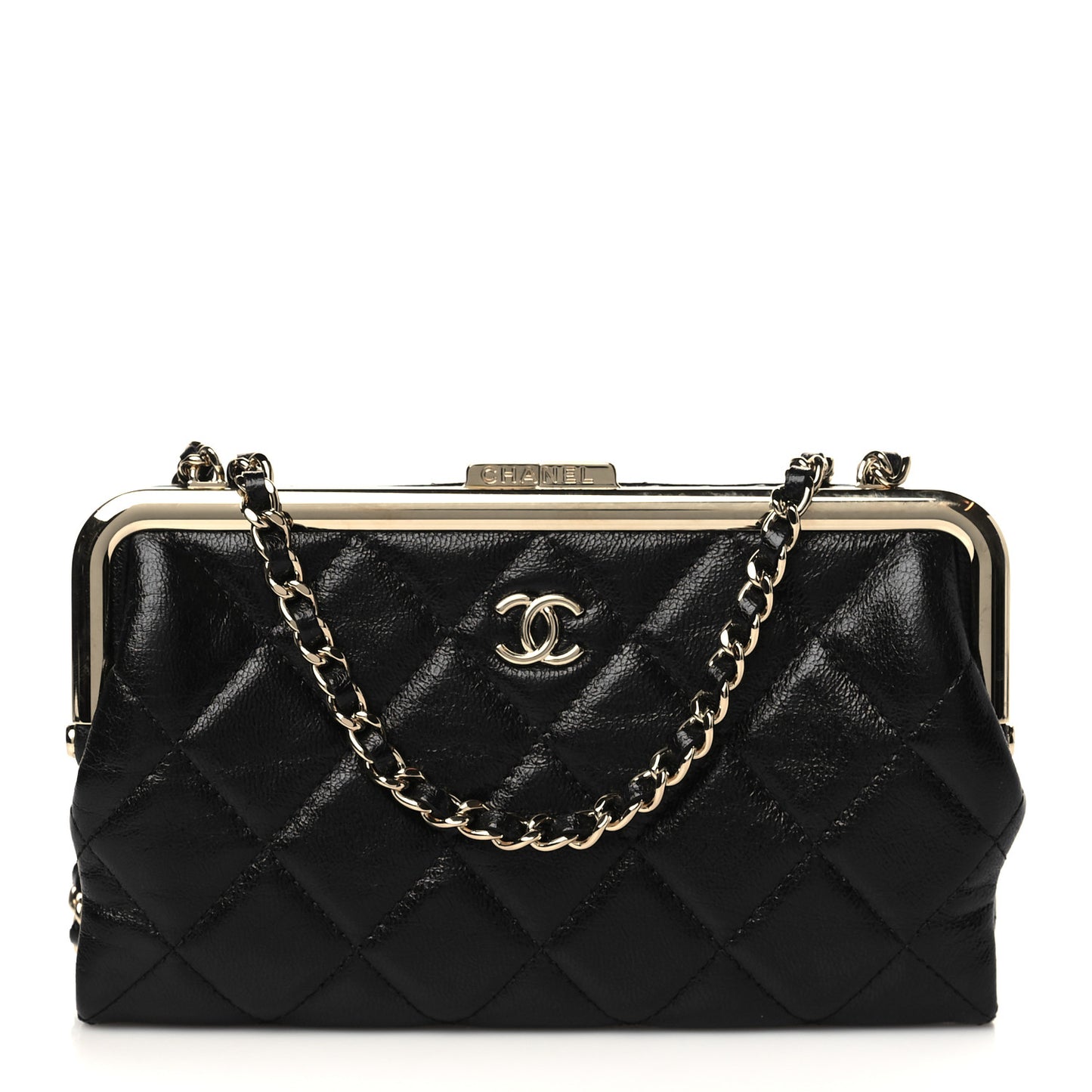 Lambskin Quilted Frame Clutch With Chain Black
