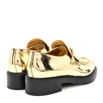 Prada Metallic Brushed Calfskin Metal Triangle Logo 50mm Loafers 39 Platino 3 of 7
