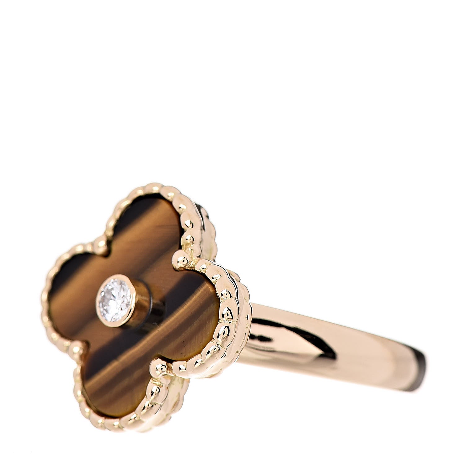 Van Cleef & Arpels 18K Yellow Gold Diamond Tiger's Eye Vintage Alhambra Ring 52 6 3 of 5