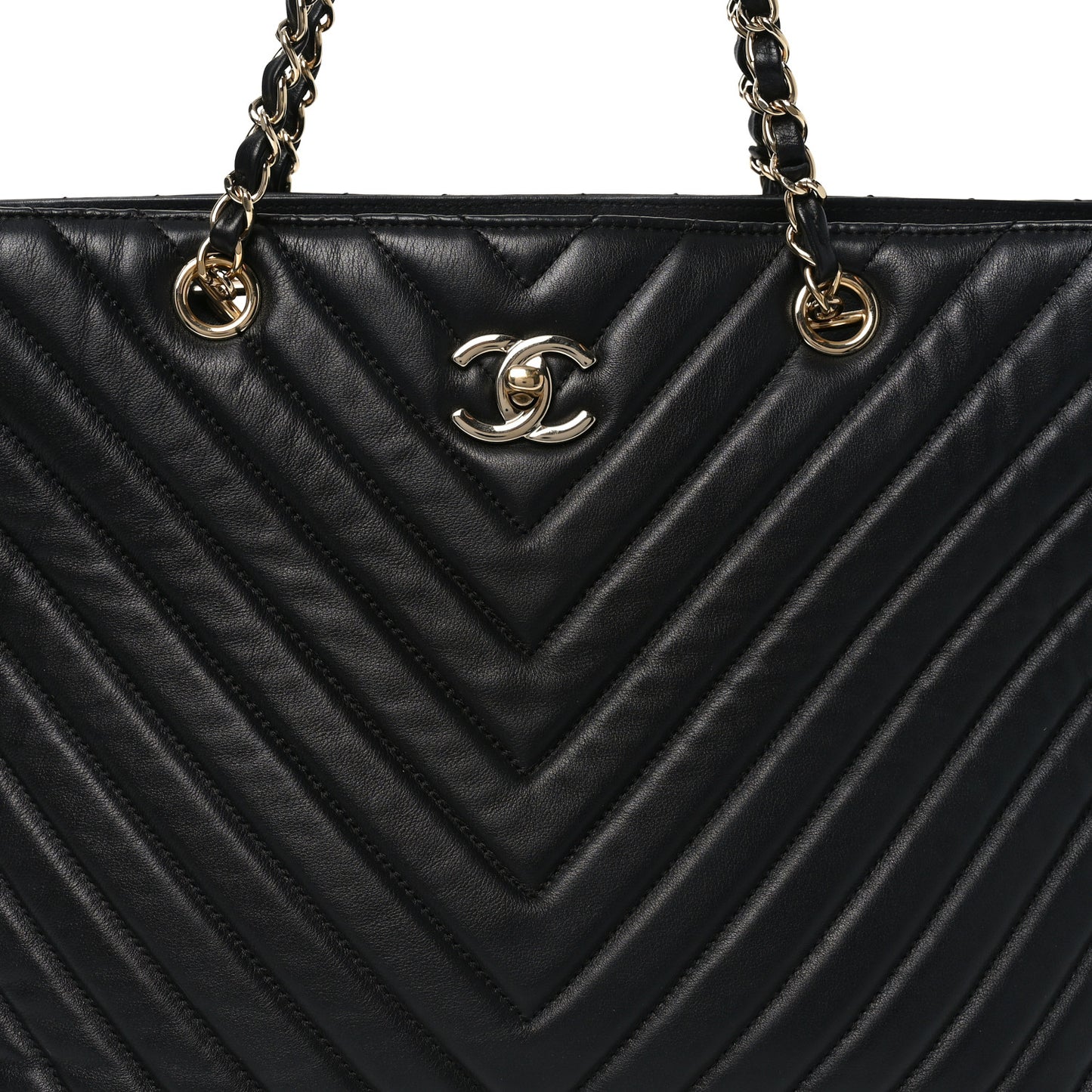 Iridescent Calfskin Chevron Quilted Shopping Tote Black