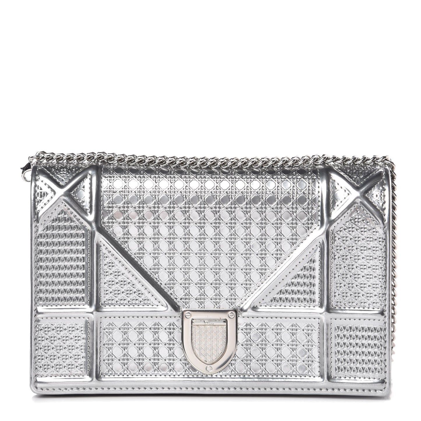 Metallic Patent Micro-Cannage Diorama Wallet on Chain Pouch Silver
