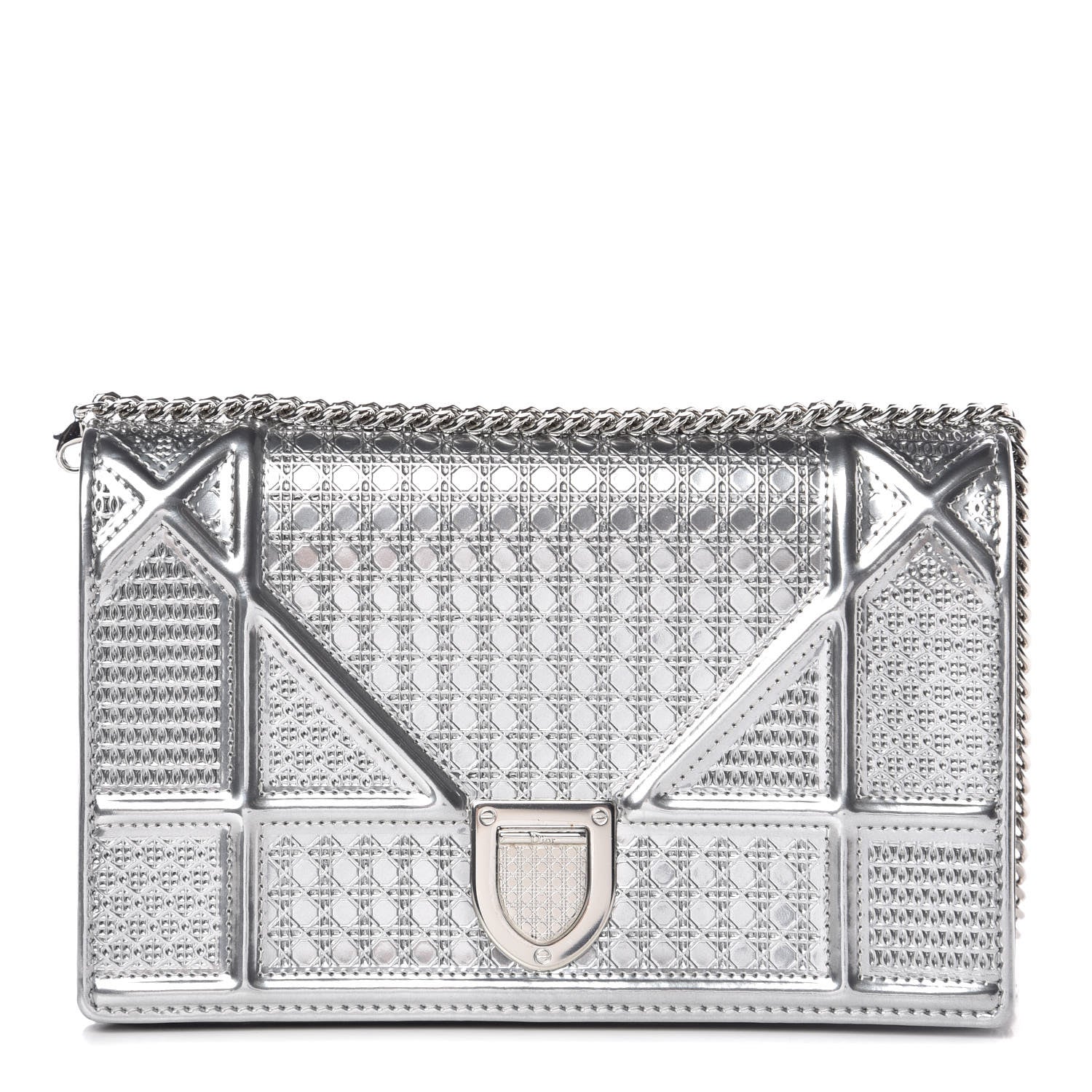 Christian Dior Metallic Patent Micro-Cannage Diorama Wallet on Chain Pouch Silver 1 of 6