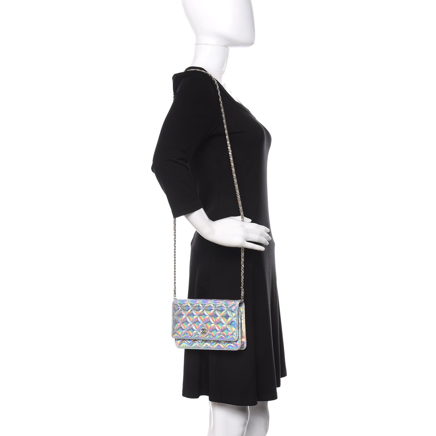 Iridescent Goatskin Quilted Wallet On Chain WOC Silver
