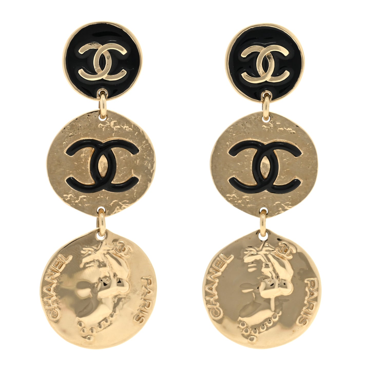 Enamel CC Disc Drop Medallion Earrings Gold Black