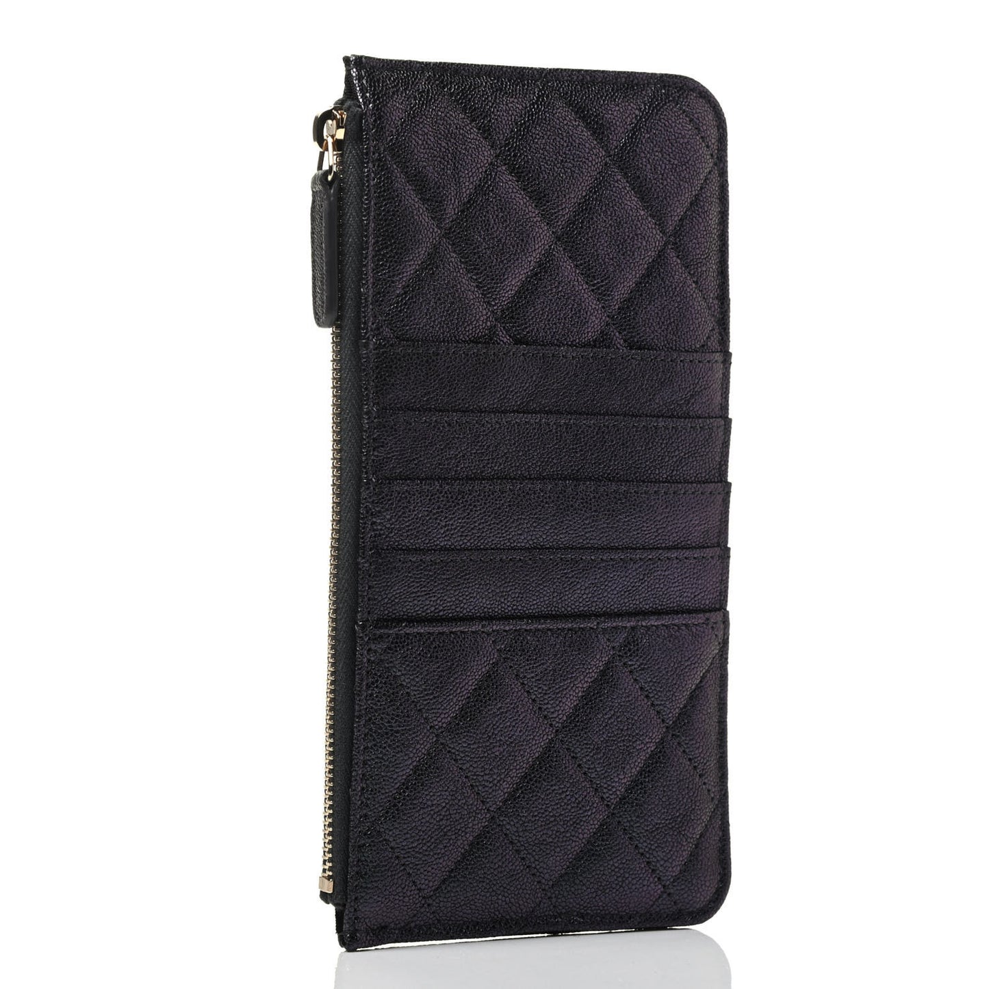 Iridescent Caviar Quilted Classic Flat Wallet Pouch Black