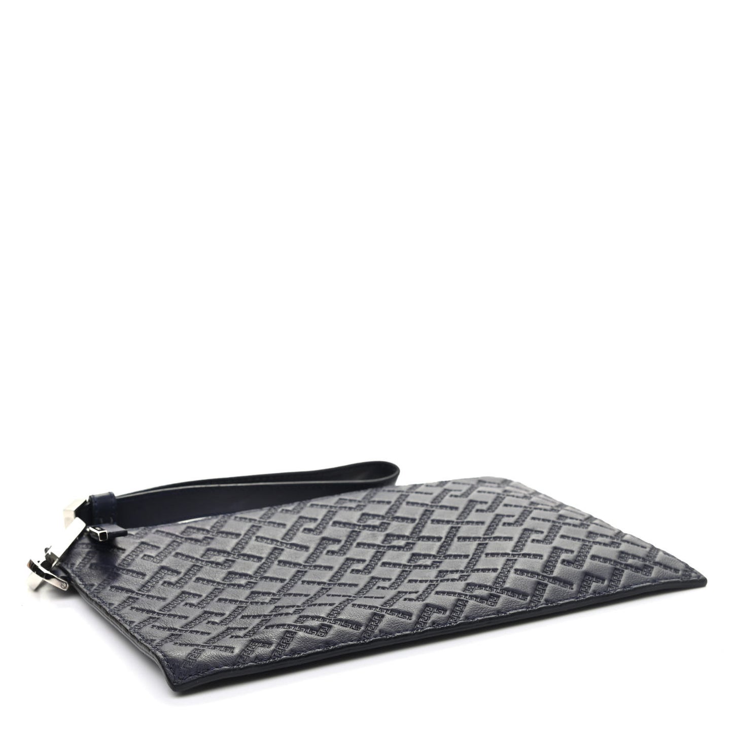 Calfskin Greca Argyle Embossed Wristlet Pouch Navy