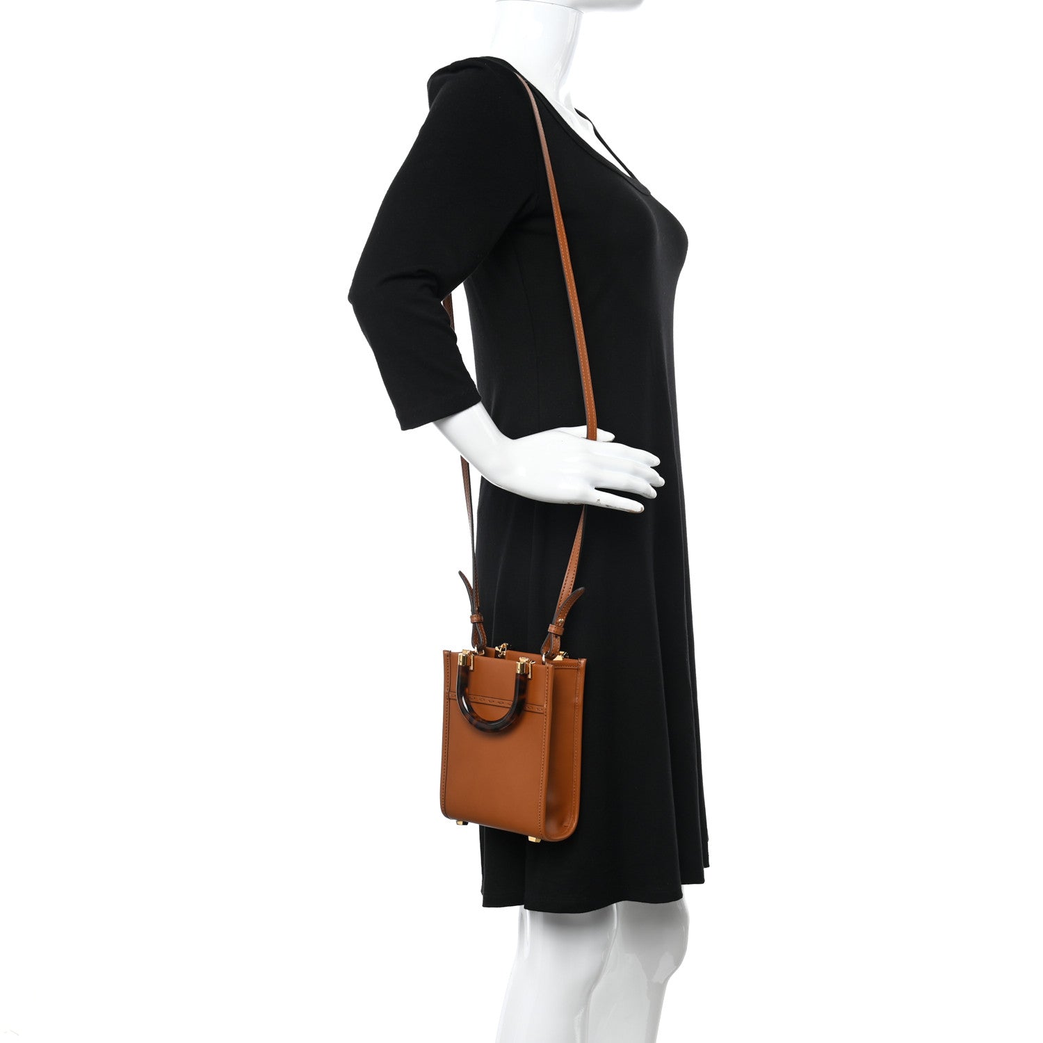 Fendi Vitello King Plexiglass Logo Embossed Mini Fendi Sunshine Shopper Tote Cuoio 2 of 8