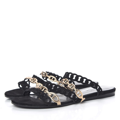 Hermes Metallic Nappa Suede Chaine d'Ancre Nude Sandals 38 Black Aged Gold 3 of 8