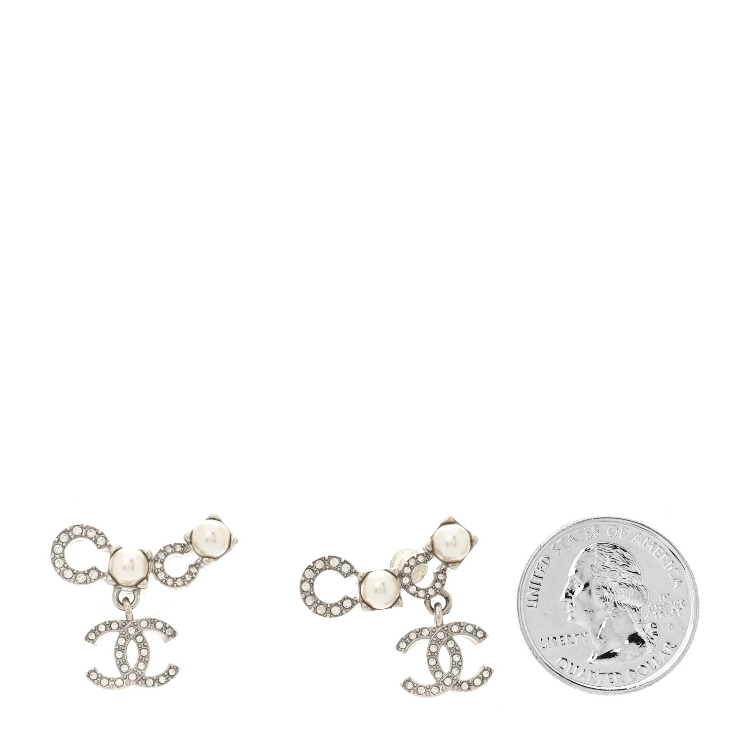 Chanel Metal Crystal Pearl Coco CC Earrings Silver 2 of 5