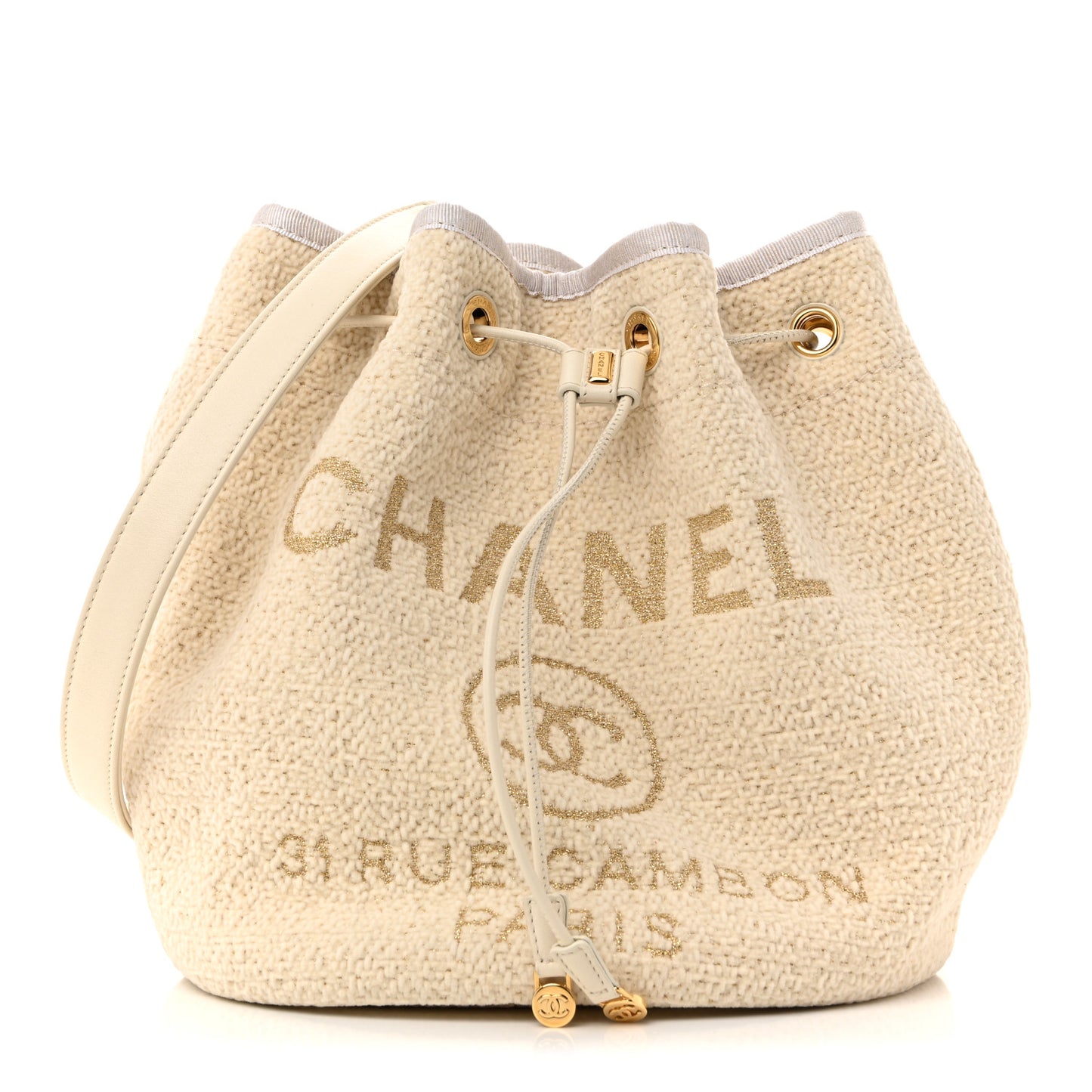 Lurex Boucle Deauville Drawstring Bucket Bag Ivory