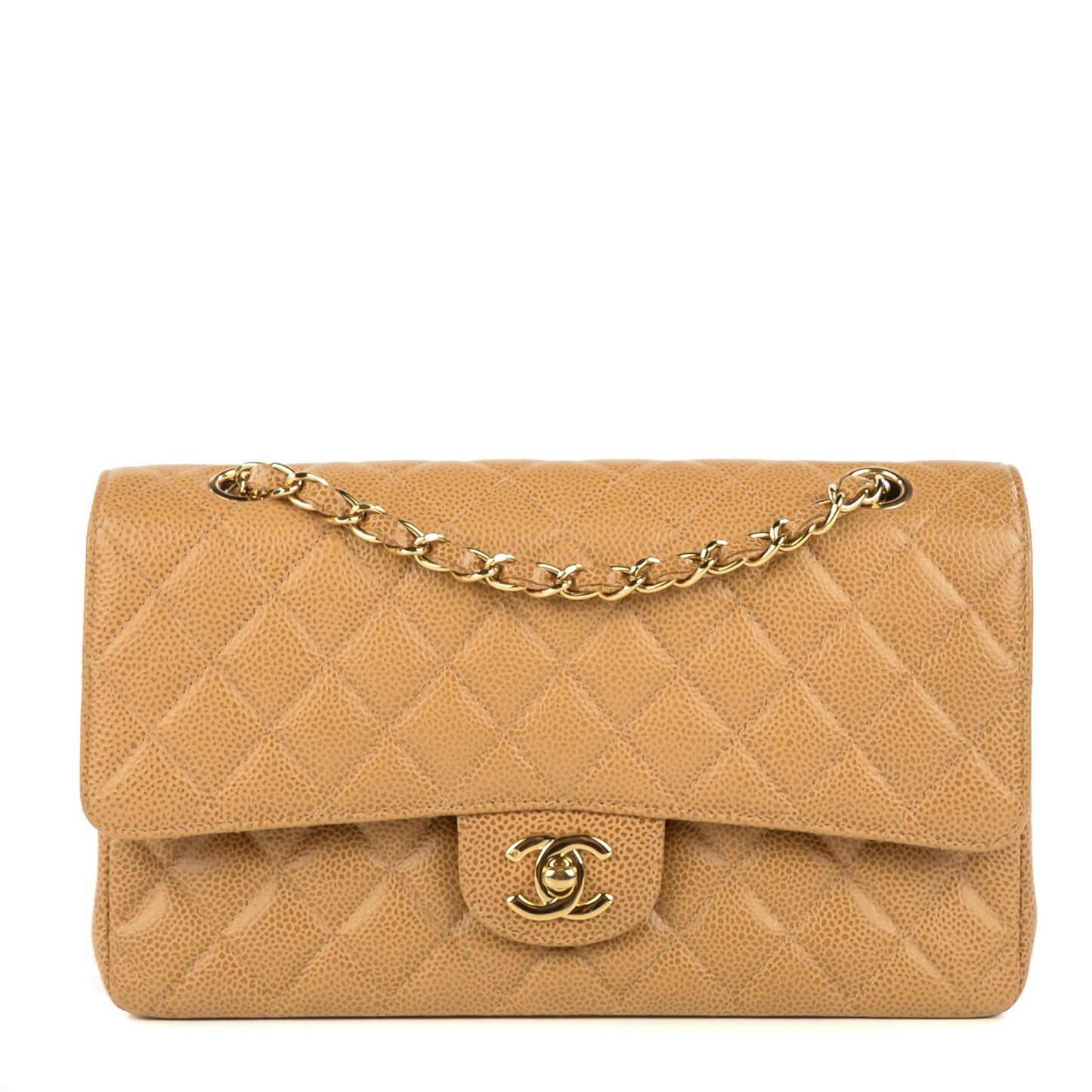 Caviar Quilted Medium Double Flap Beige