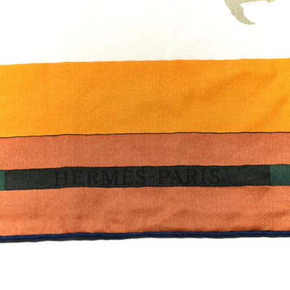 Hermes Cashmere Silk Voitures en Equilibre Shawl 140 Terracotta Mangue Vert Amande 2 of 7