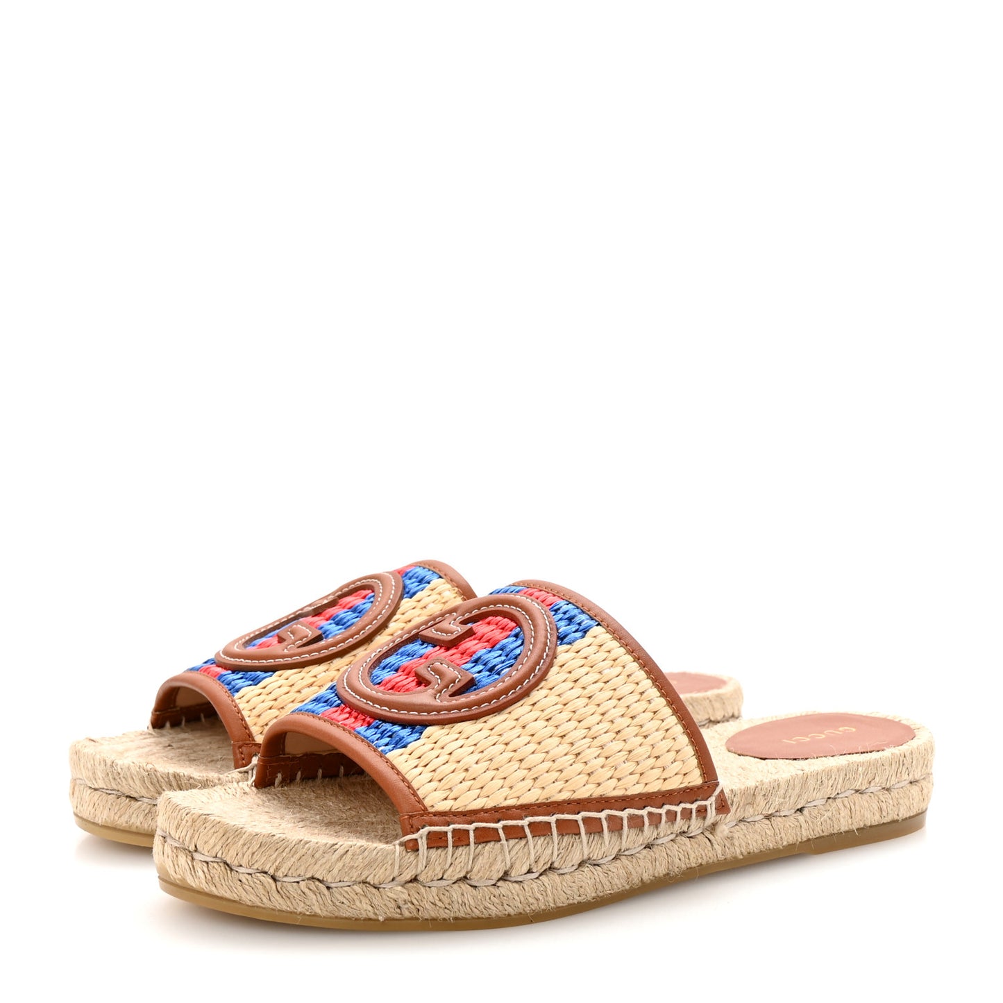 Raffia Interlocking G Flat Slide Espadrille Sandals 38.5 Natural Harness Brown