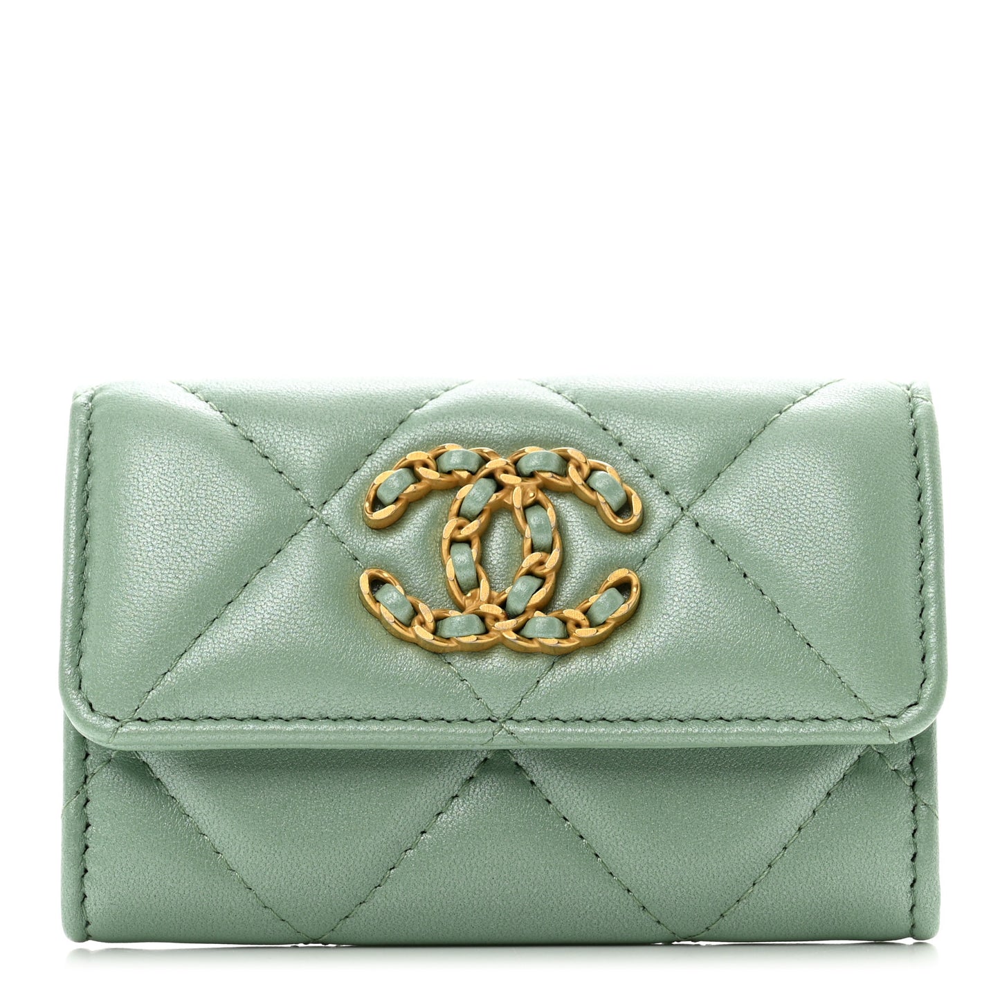 Lambskin Quilted Chanel 19 Flap Card Holder Light Green