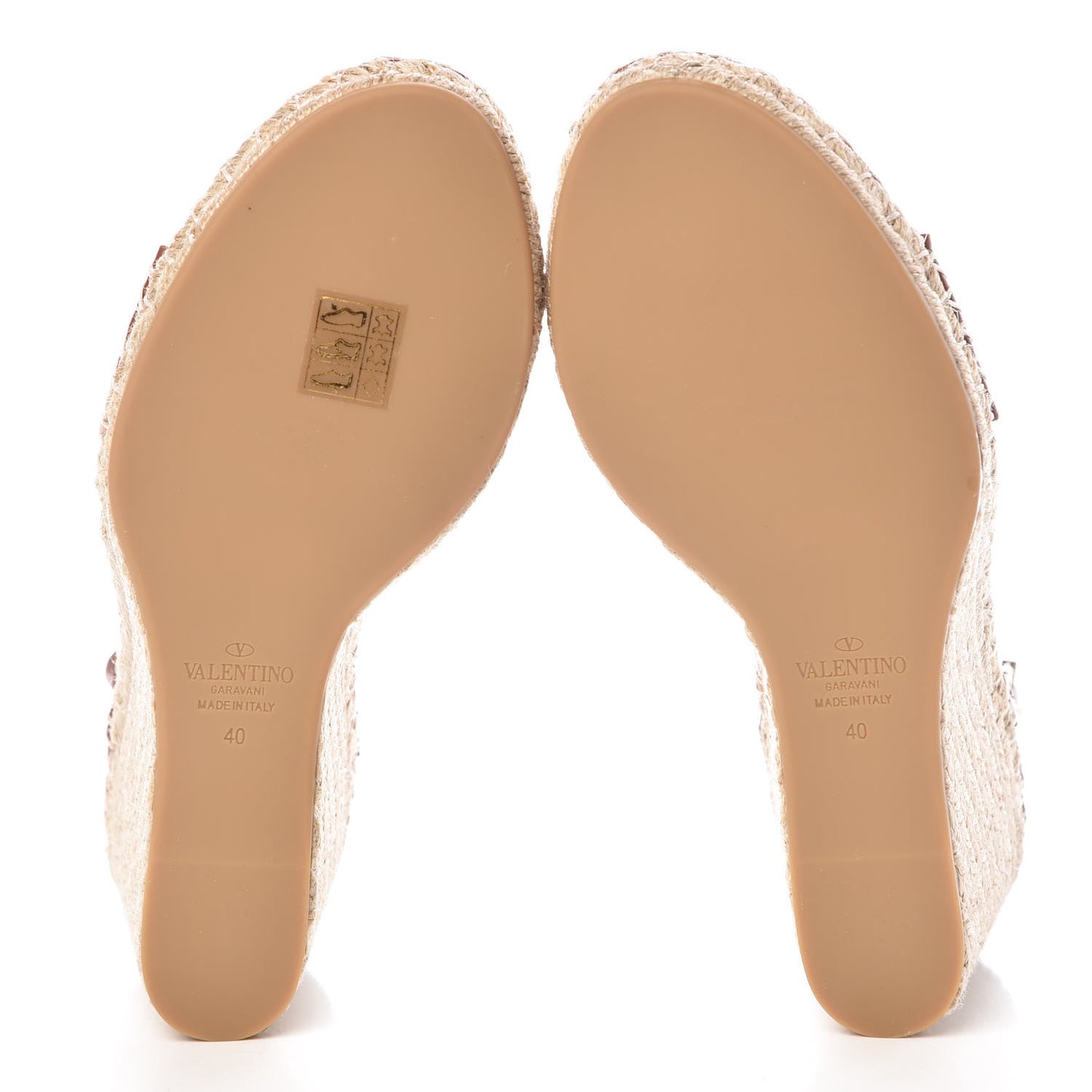Grained Calfskin Rockstud Ankle Strap Espadrille 15/105mm Wedge Sandals 40 Cuoio Natural