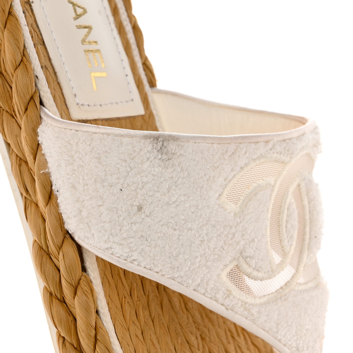 Terry Cloth Raffia CC Logo Thong Sandals 41 White