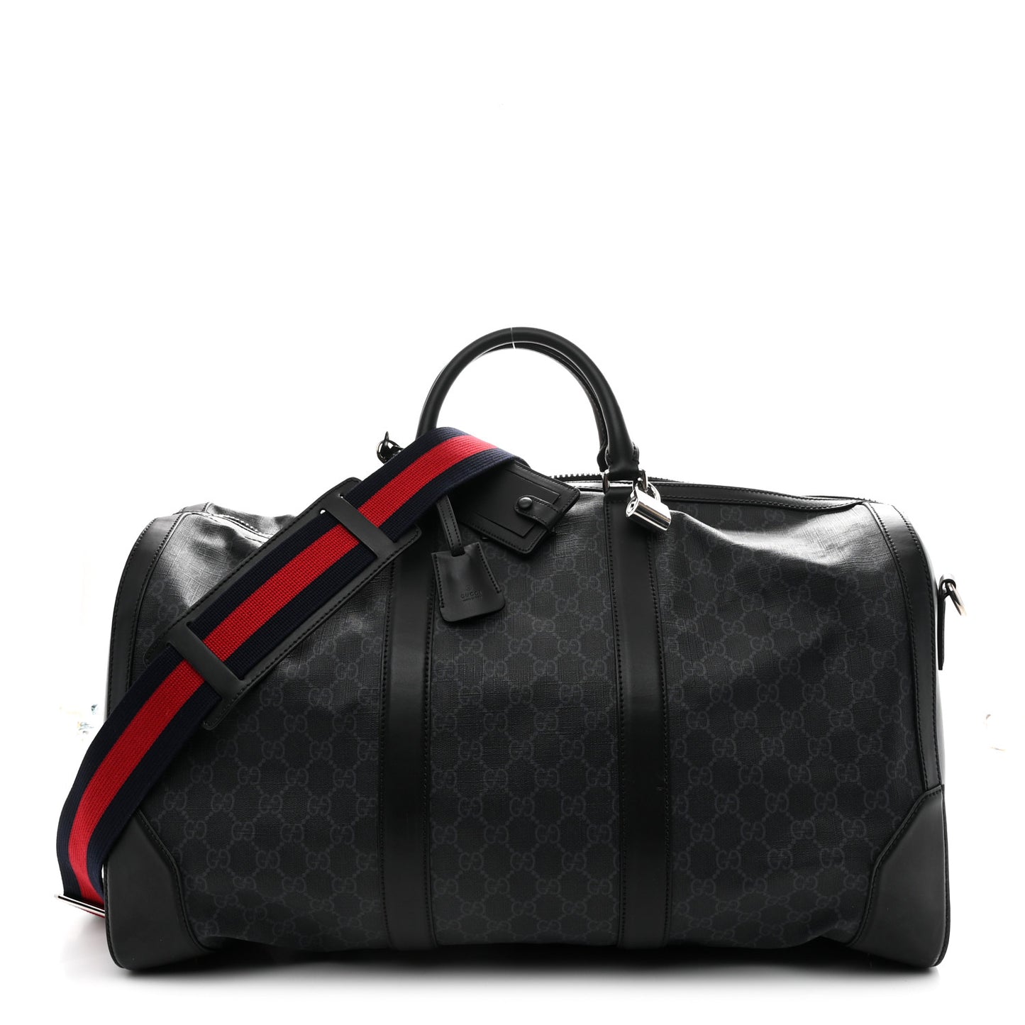 Soft GG Supreme Monogram Appia Calfskin Web Large Carry On Duffle Bag Black Grey