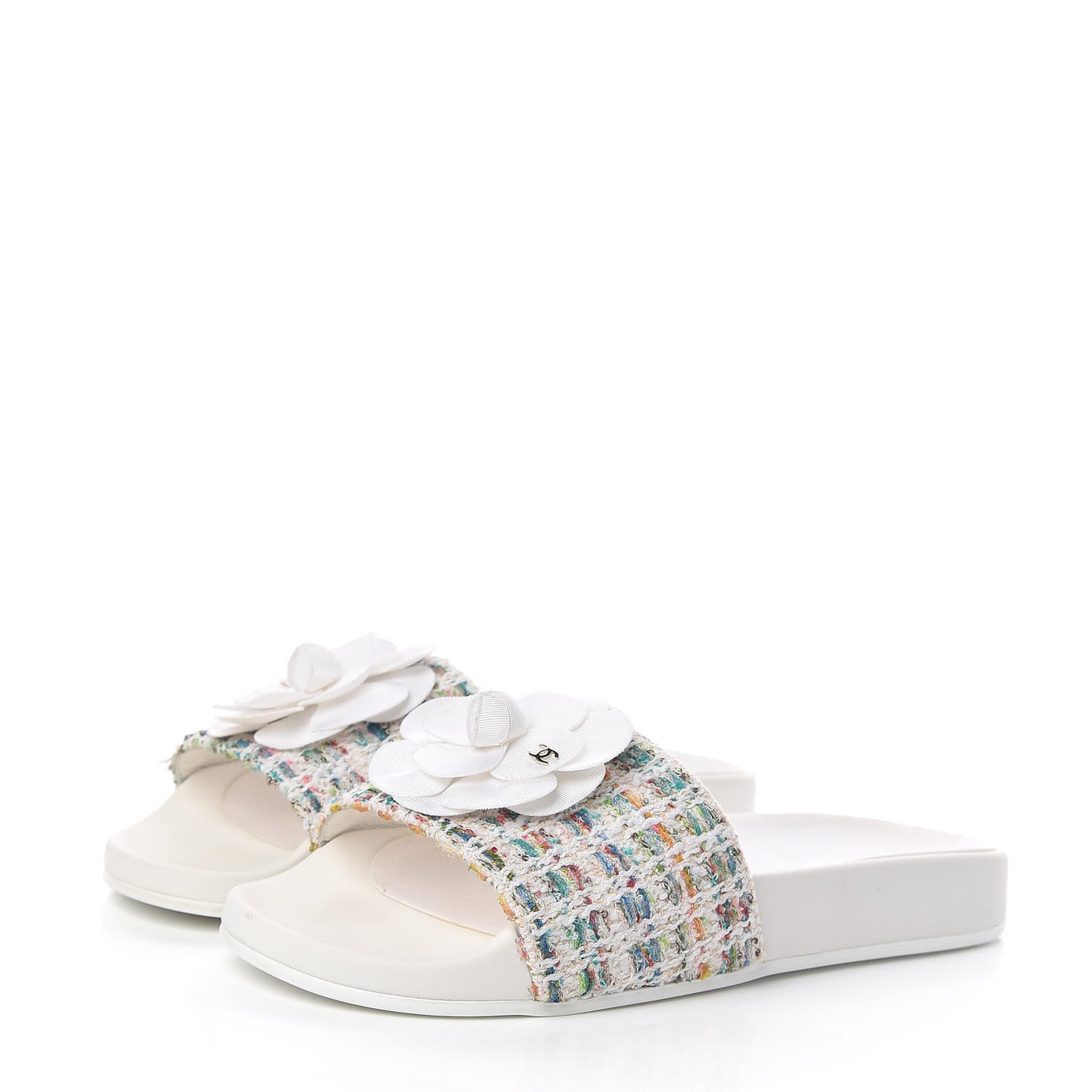 Tweed Grosgrain Camellia Flat Sandals 37 Ivory Ecru Green