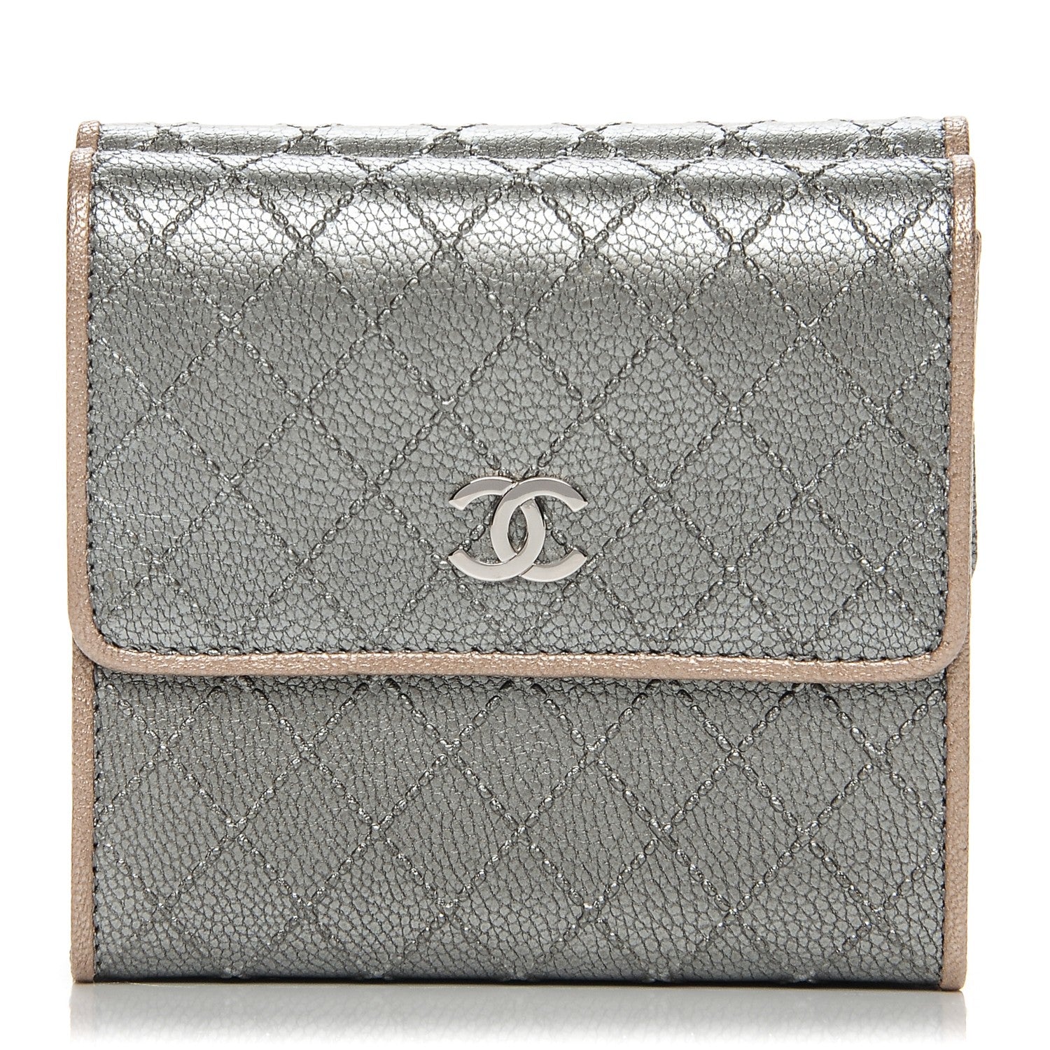 Chanel Metallic Calfskin Diamond Stitched Card Holder Wallet Silver Gold 1 of 8
