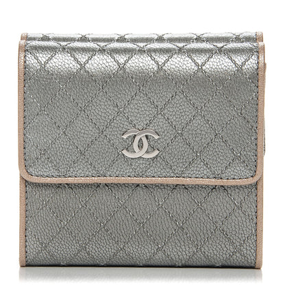 Chanel Metallic Calfskin Diamond Stitched Card Holder Wallet Silver Gold 1 of 8