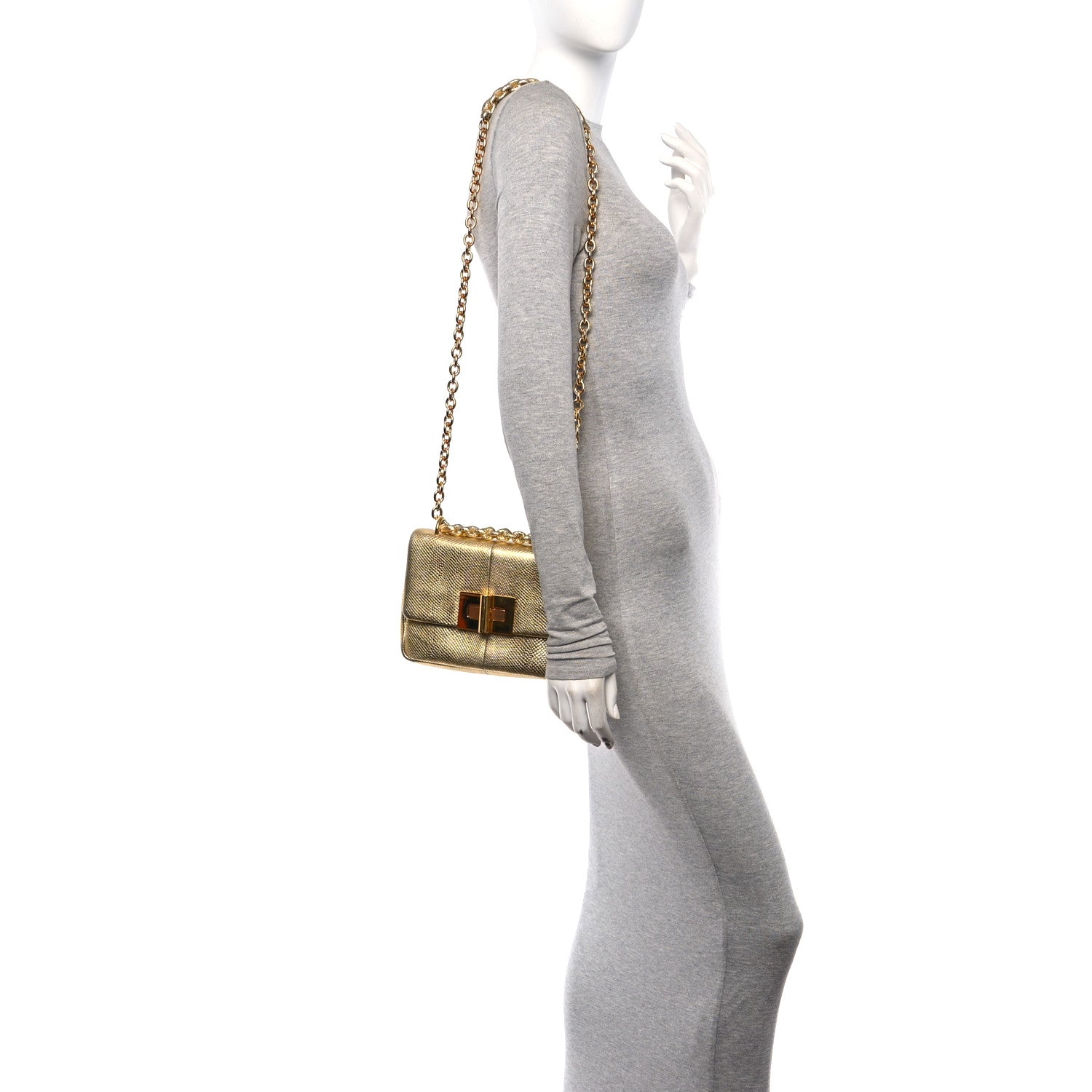 Tom Ford Metallic Lizard Calfskin Embossed Medium Natalia Chain Bag Gold 2 of 9
