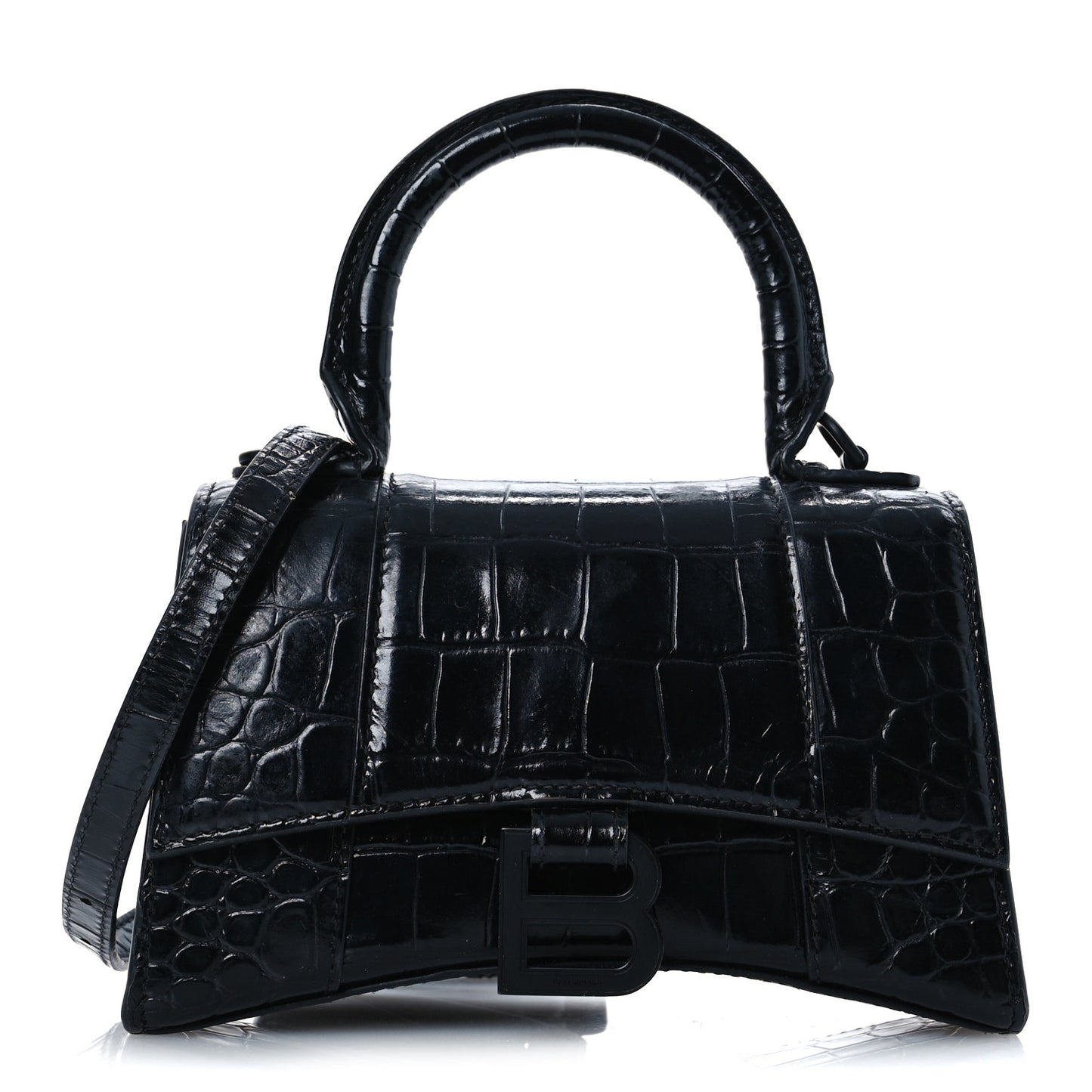 Shiny Calfskin Monochrome Crocodile Embossed Hourglass Top Handle Bag XS Black