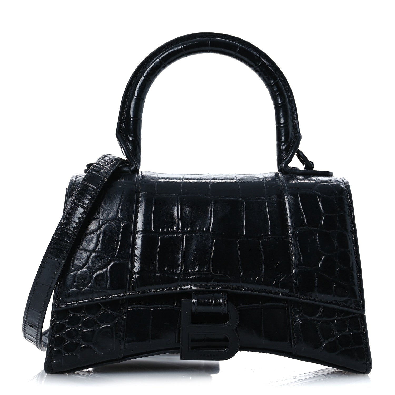 Balenciaga Shiny Calfskin Monochrome Crocodile Embossed Hourglass Top Handle Bag XS Black 1 of 15