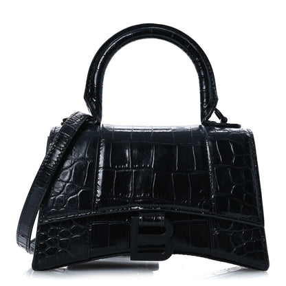 Balenciaga Shiny Calfskin Monochrome Crocodile Embossed Hourglass Top Handle Bag XS Black 1 of 15